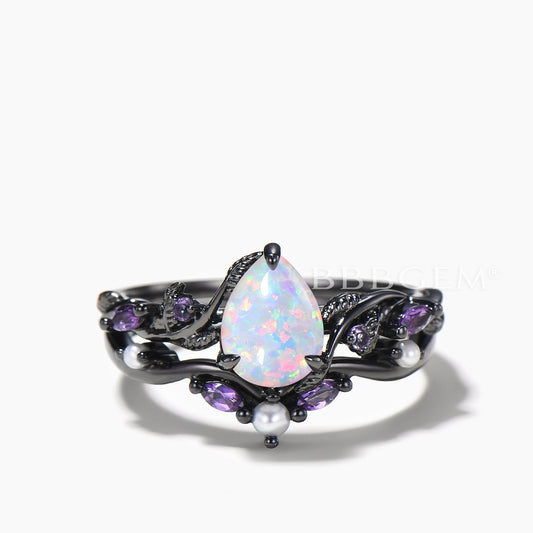 Nature Inspired Bridal Set Pear Cut Opal Leaf Wedding Ring Amethyst Pearl Band