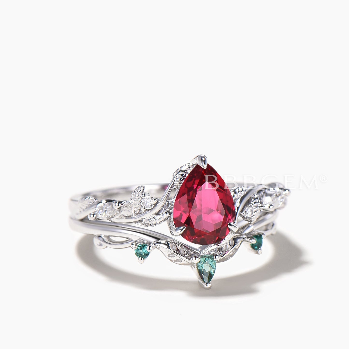 Nature Inspired Ring Set Teardrop Cut Ruby Engagement Ring Emerald Leaf Band