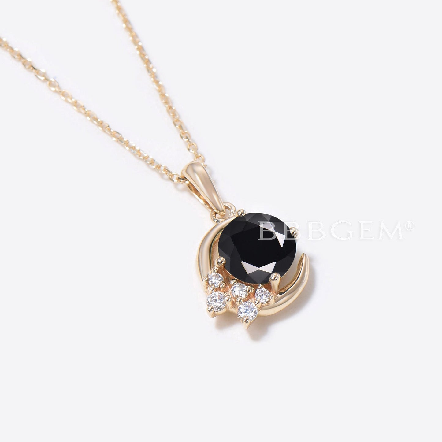 Round Cut Black Onyx Moon Pendant Yellow Gold Diamond Cluster Necklace