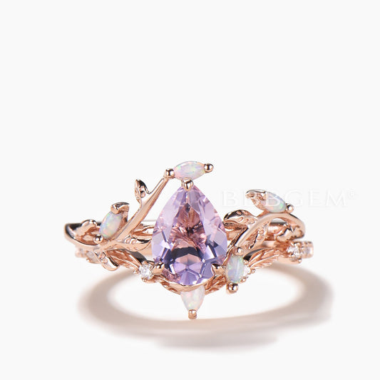 Nature Inspired Bridal Set Pear Cut Lavender Amethyst Twig Leaf Ring Opal Band