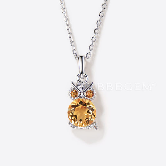 1.2CT Round Cut Natural Citrine Owl Pendant Necklace Crystal Healing Jewelry