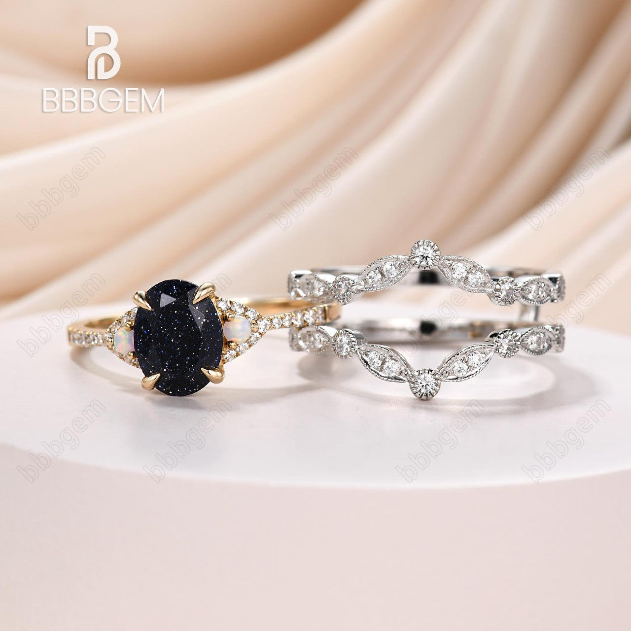 Blue Sandstone Enhancer Band Ring Set-White & Yellow Gold Oval Blue Sandstone Ring Set with RIng Wraps