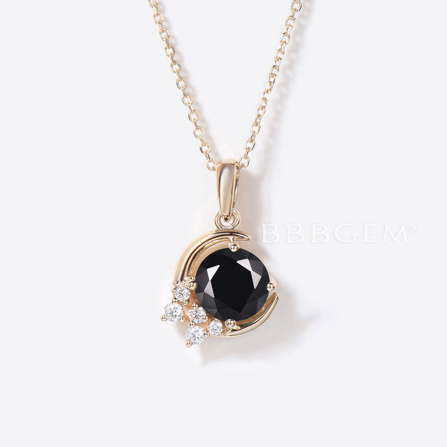 Round Cut Black Onyx Moon Pendant Yellow Gold Diamond Cluster Necklace