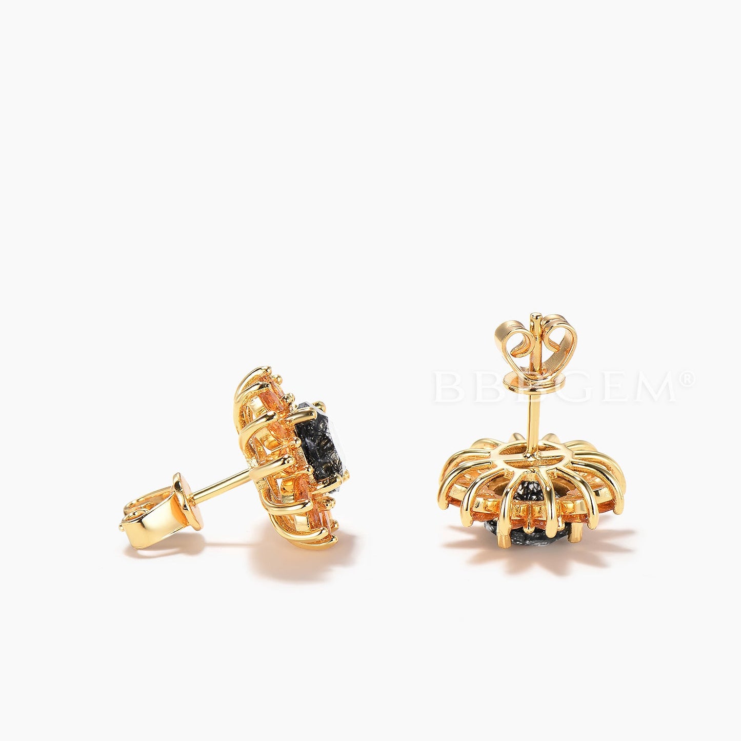 Round Cut Natural Black Rutilated Quartz Stud Earrings Citrine Halo Earrings