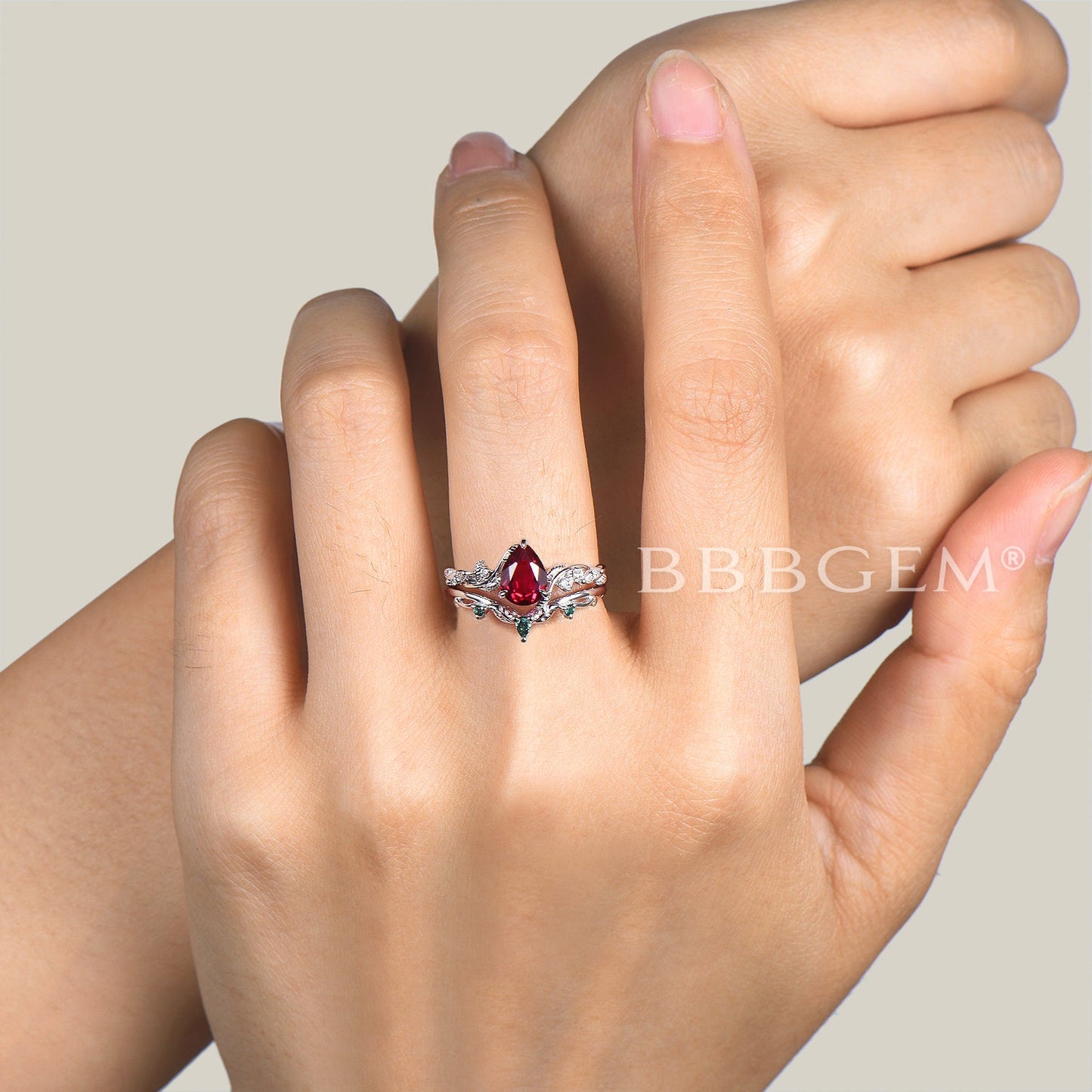 Nature Inspired Ring Set Teardrop Cut Ruby Engagement Ring Emerald Leaf Band