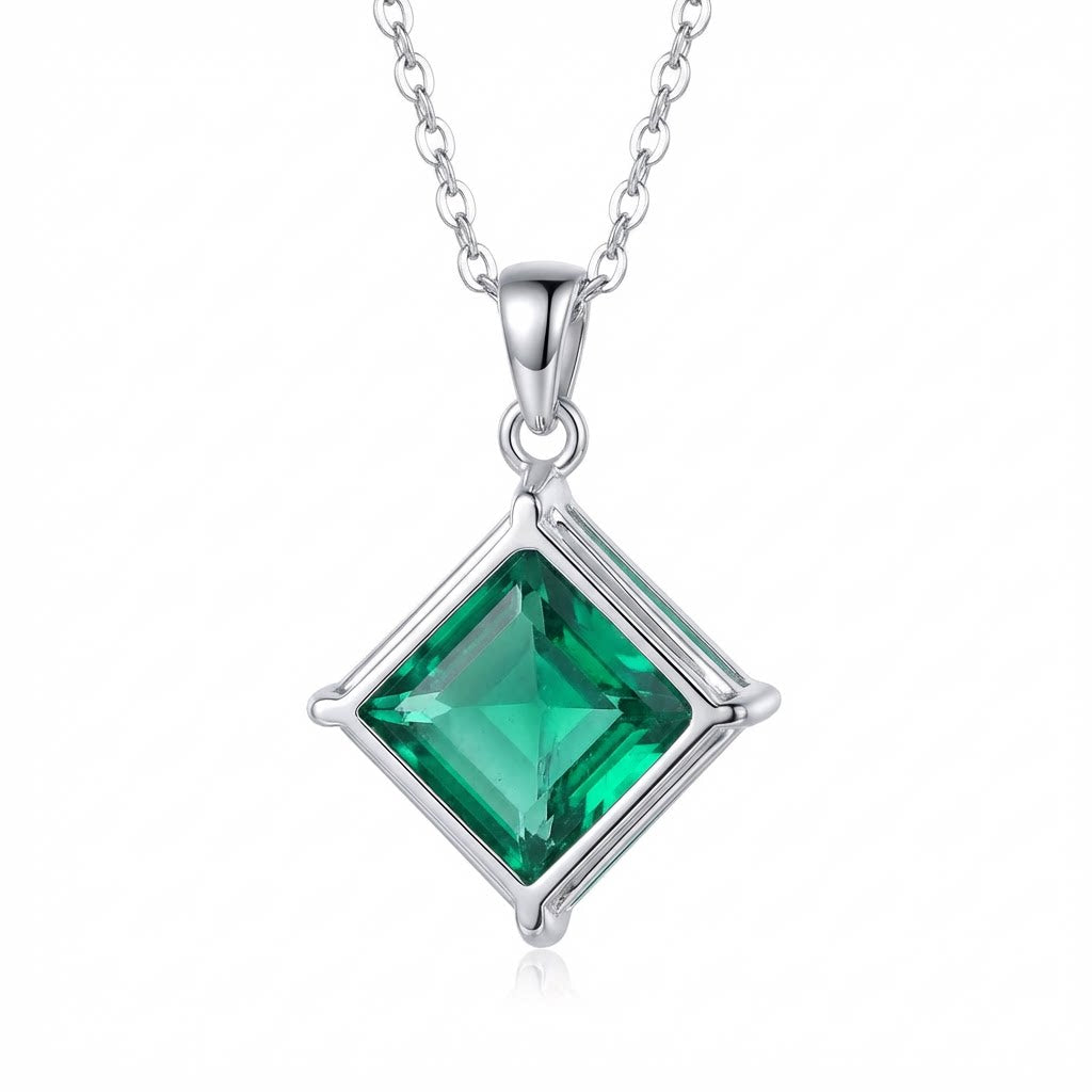 6ct Princess Cut Emerald Necklace | 14K Gold Green Gemstone Pendant | Whisper Vow