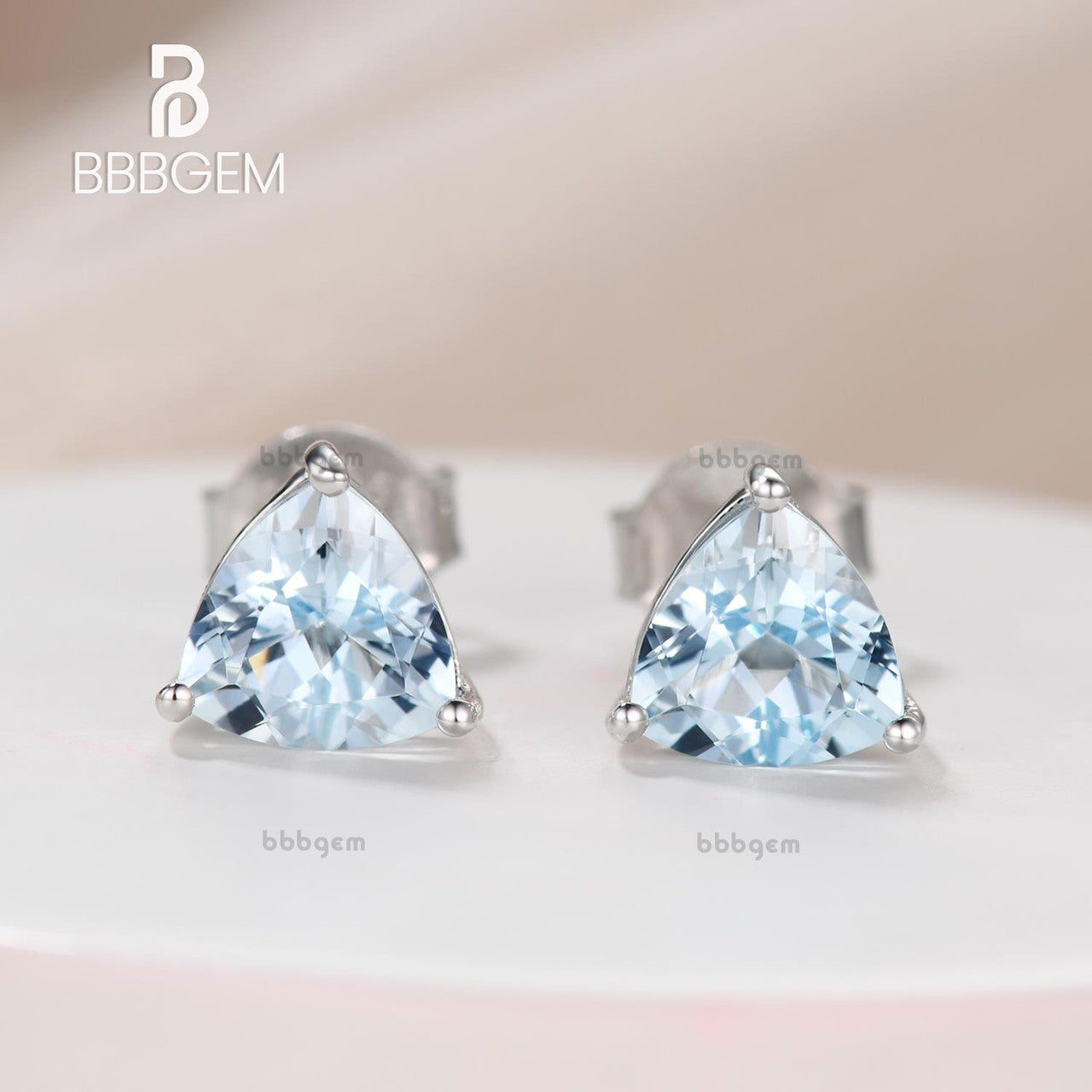 6mm Trillion Aquamarine Solitaire Stud Earrings 14K White Gold-Trillion-Cut Genuine Gemstone Stud Earrings (2)