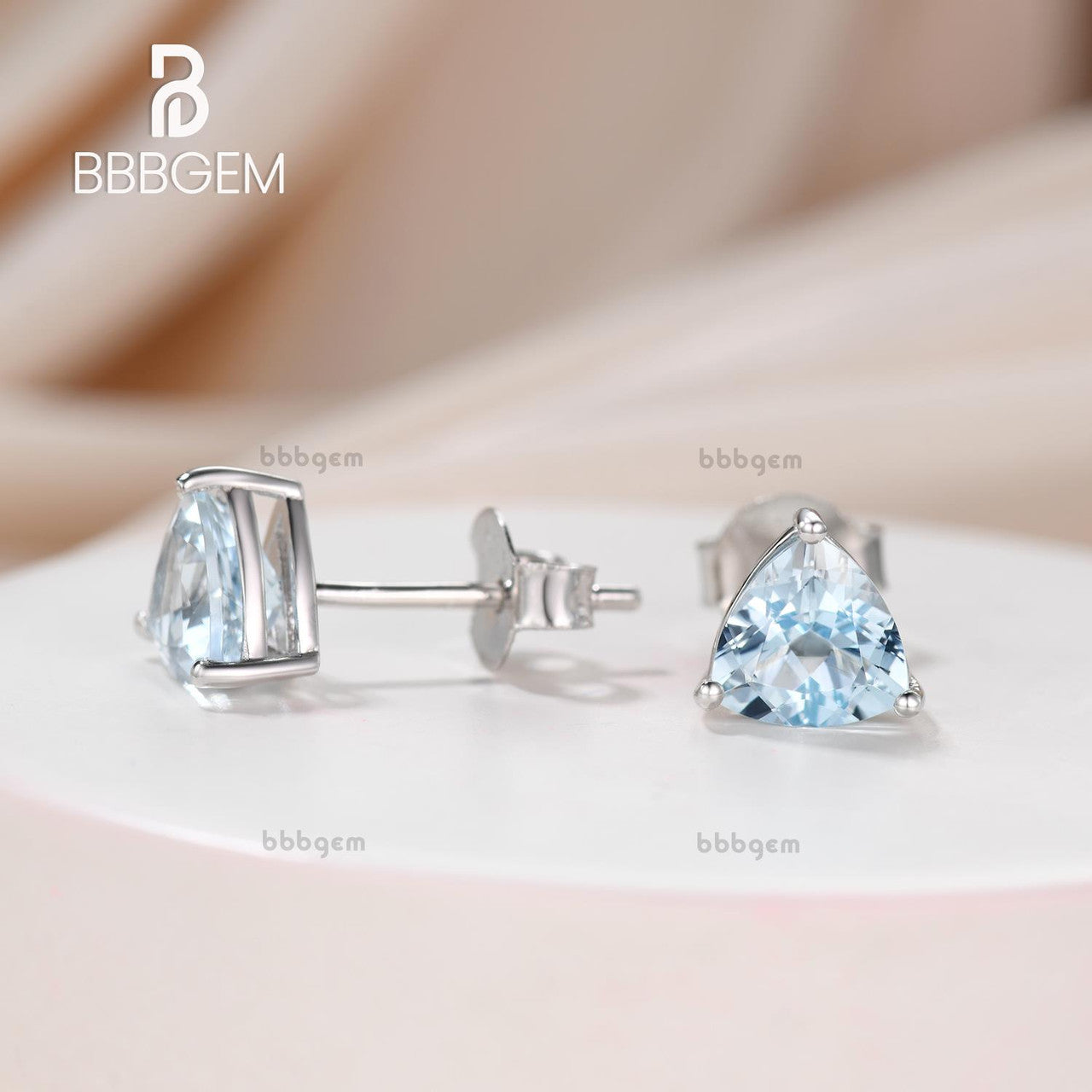 6mm Trillion Aquamarine Solitaire Stud Earrings 14K White Gold-Trillion-Cut Genuine Gemstone Stud Earrings (2)