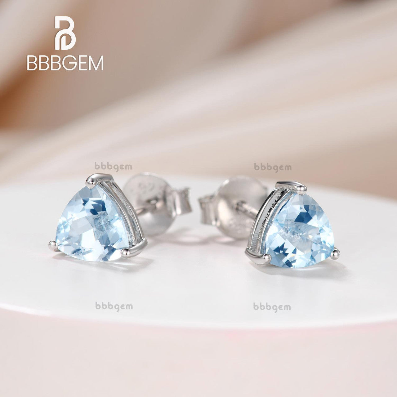 6mm Trillion Aquamarine Solitaire Stud Earrings 14K White Gold-Trillion-Cut Genuine Gemstone Stud Earrings (2)