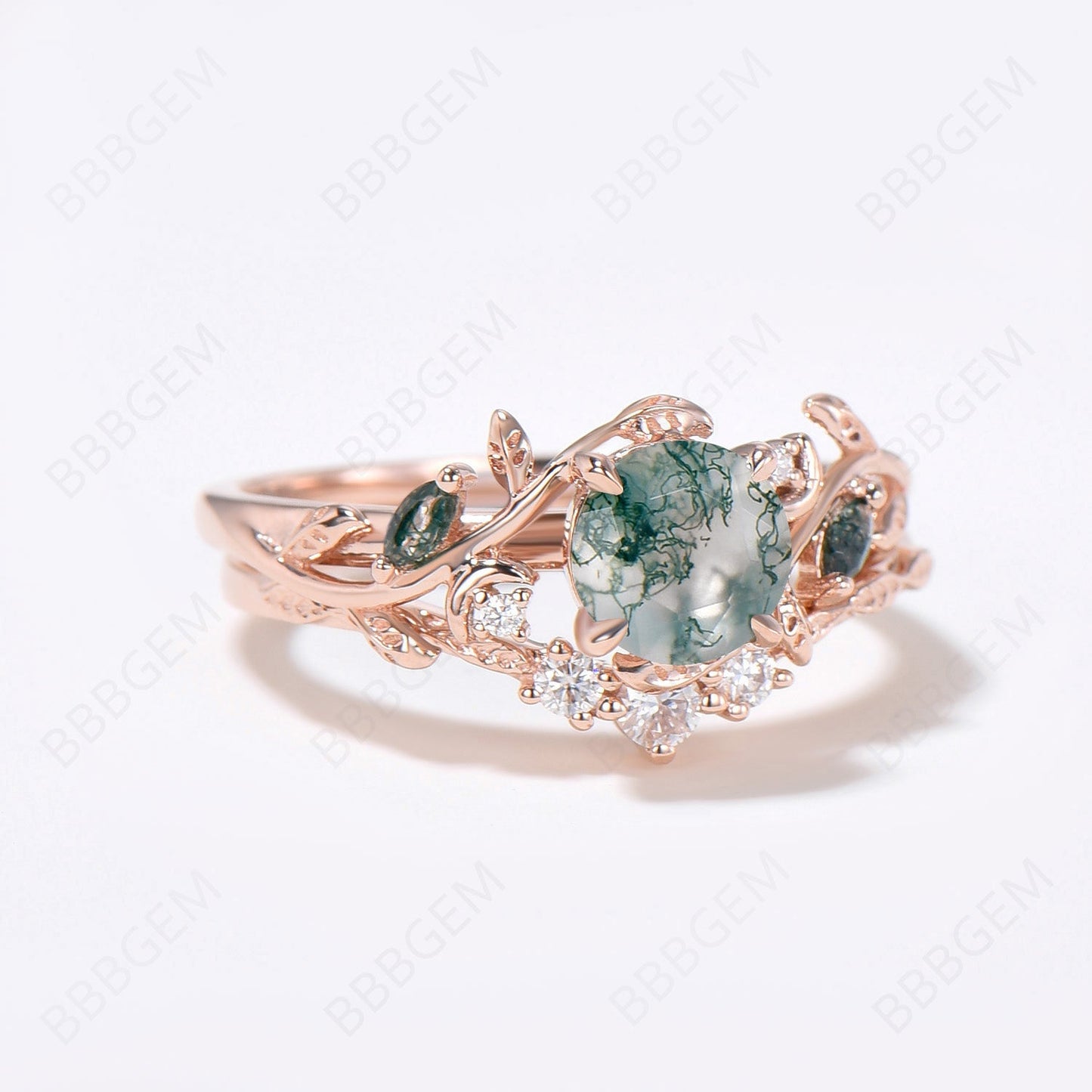 Twig Natural Moss Agate Engagement Ring Set Leaf Vine Round Aquatic Agate Wedding Ring 14k Rose Gold Nature Inspired Ring 2pcs Bridal Ring Set