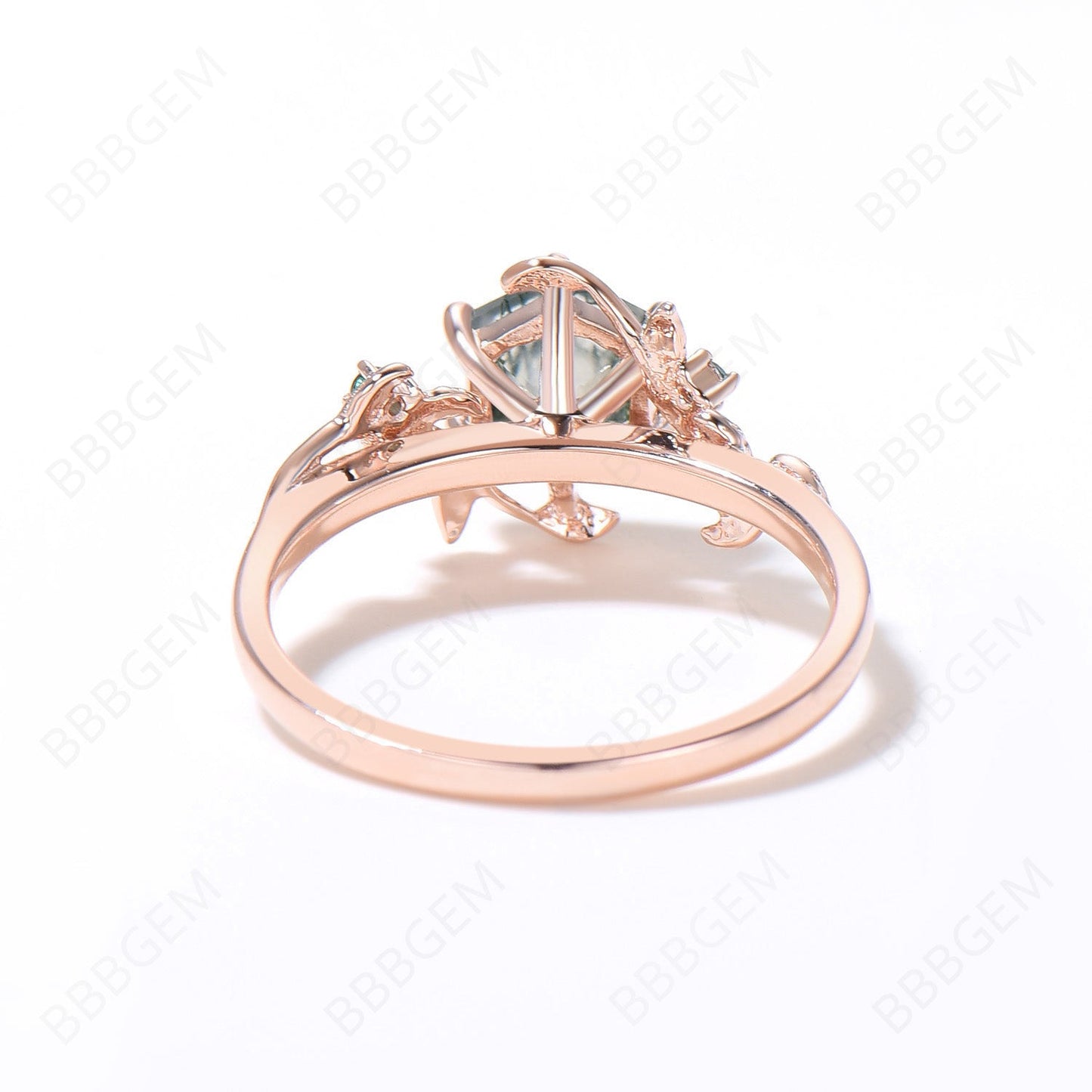 Enchanted Twigs Moss Agate Ring Hexagon Cut Natural Green Moss Engagement Ring Rose Gold Branch Leaf Green Emerald Ring