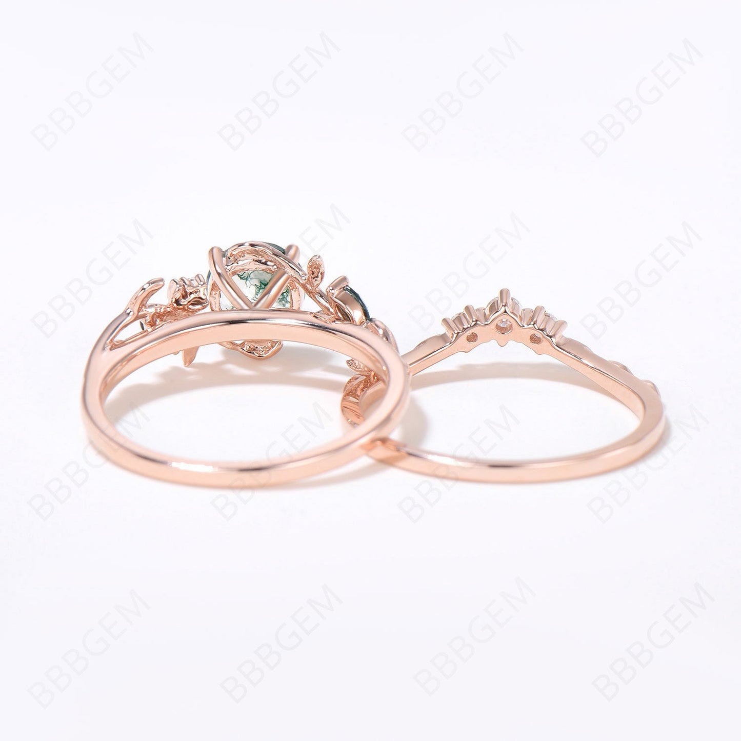 Twig Natural Moss Agate Engagement Ring Set Leaf Vine Round Aquatic Agate Wedding Ring 14k Rose Gold Nature Inspired Ring 2pcs Bridal Ring Set