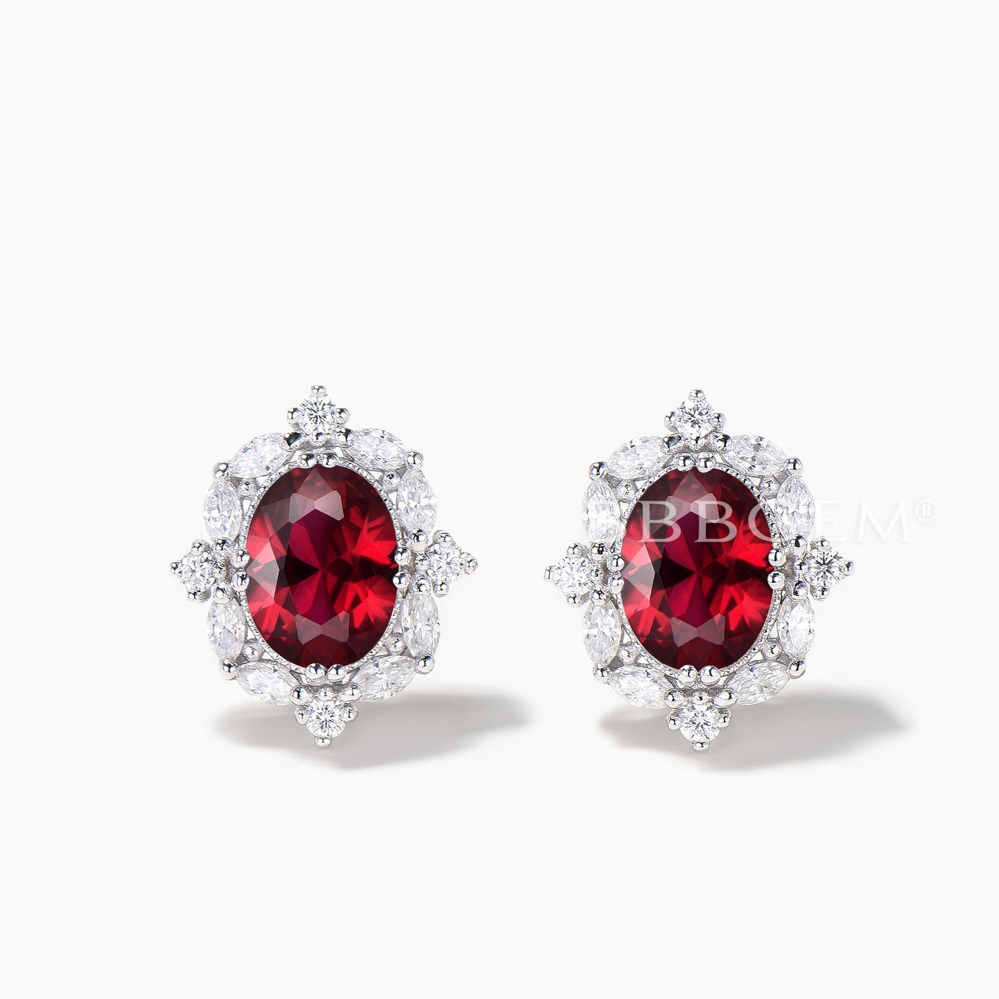 1.5CT Oval Cut Ruby White Gold Stud Earrings Moissanite Halo Wedding Earrings