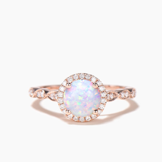 Opal Engagement Ring Halo 14k Rose Gold Moissanite Scalloped Milgrain Wedding Band Anniversary Gift