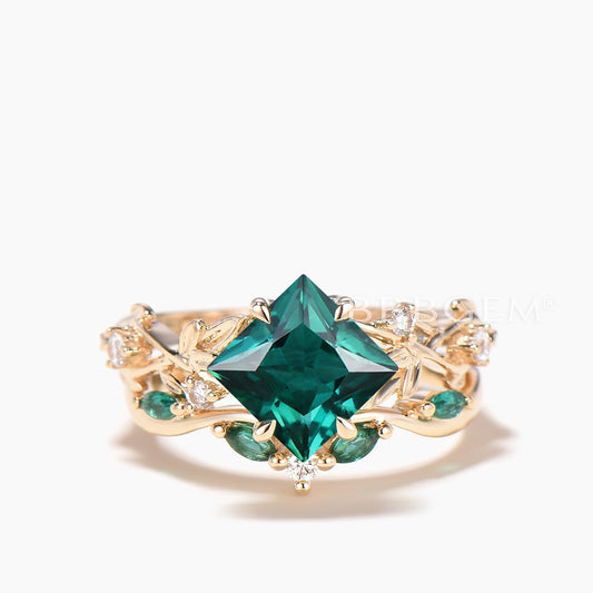 2CT Princess Cut Emerald Split Shank Engagement Ring Diamond Leaf Bridal Set