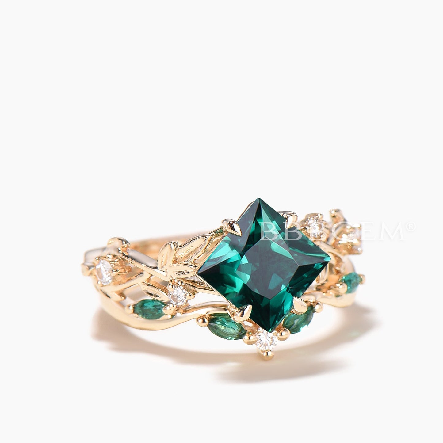 2CT Princess Cut Emerald Split Shank Engagement Ring Diamond Leaf Bridal Set