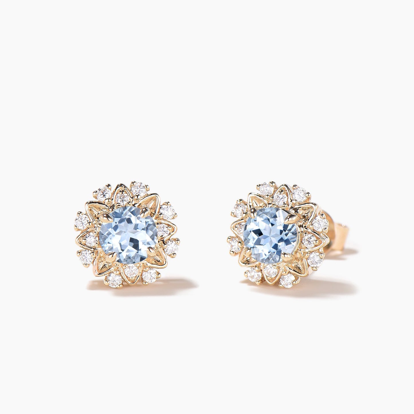 Round Cut Aquamarine Stud Earrings Diamond Cluster Flower Earrings