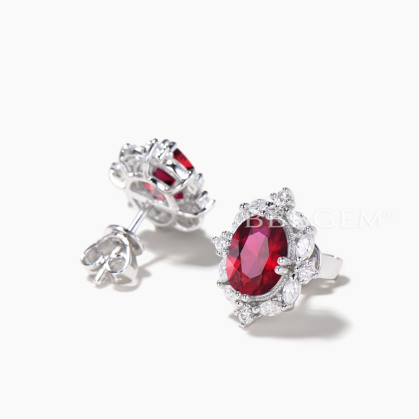 1.5CT Oval Cut Ruby White Gold Stud Earrings Moissanite Halo Wedding Earrings
