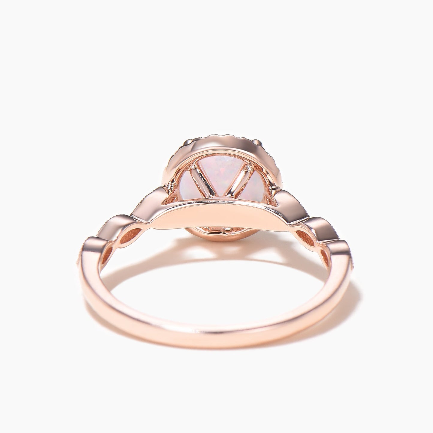 Opal Engagement Ring Halo 14k Rose Gold Moissanite Scalloped Milgrain Wedding Band Anniversary Gift