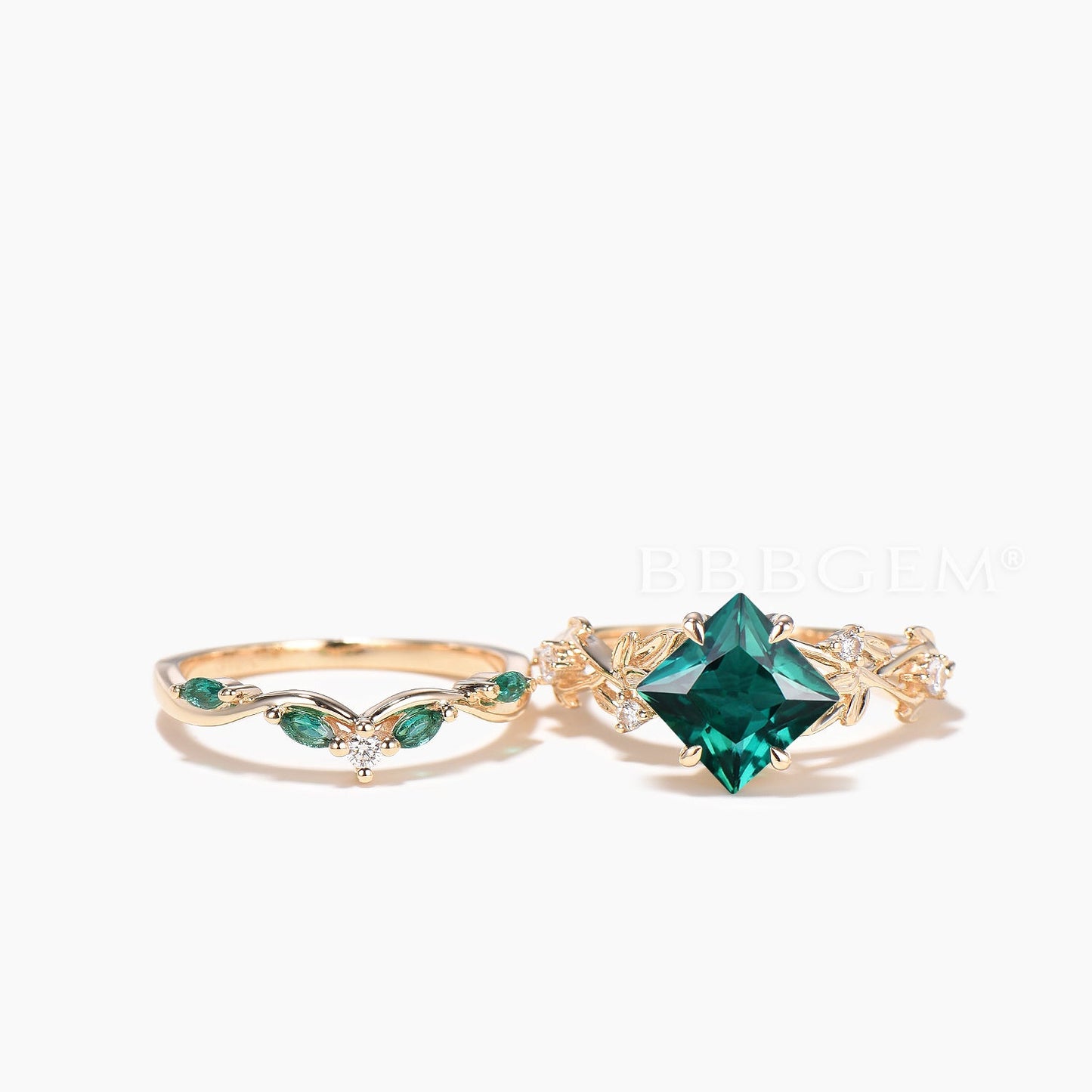 2CT Princess Cut Emerald Split Shank Engagement Ring Diamond Leaf Bridal Set