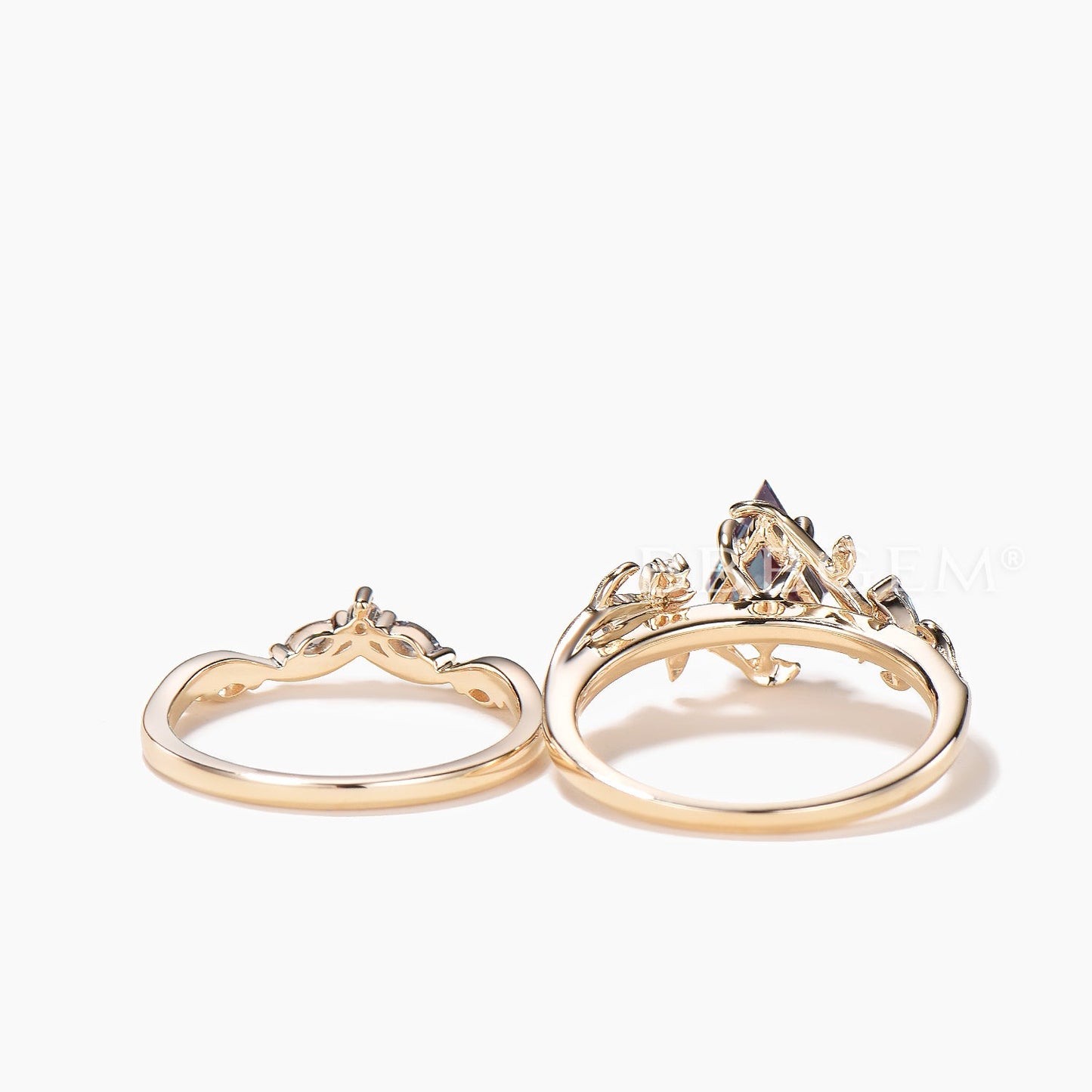 Kite Cut Color-change Alexandrite Wedding Ring Diamond Nature Inspired Ring Set