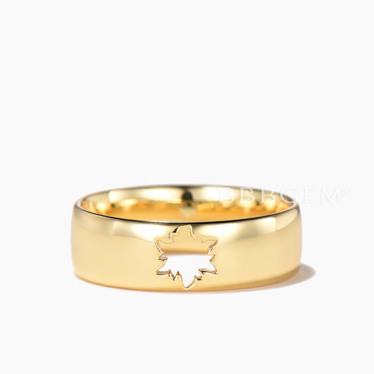 6mm Solid Gold Wedding Ring Unique Leaf Hollow Yellow Gold Men Band
