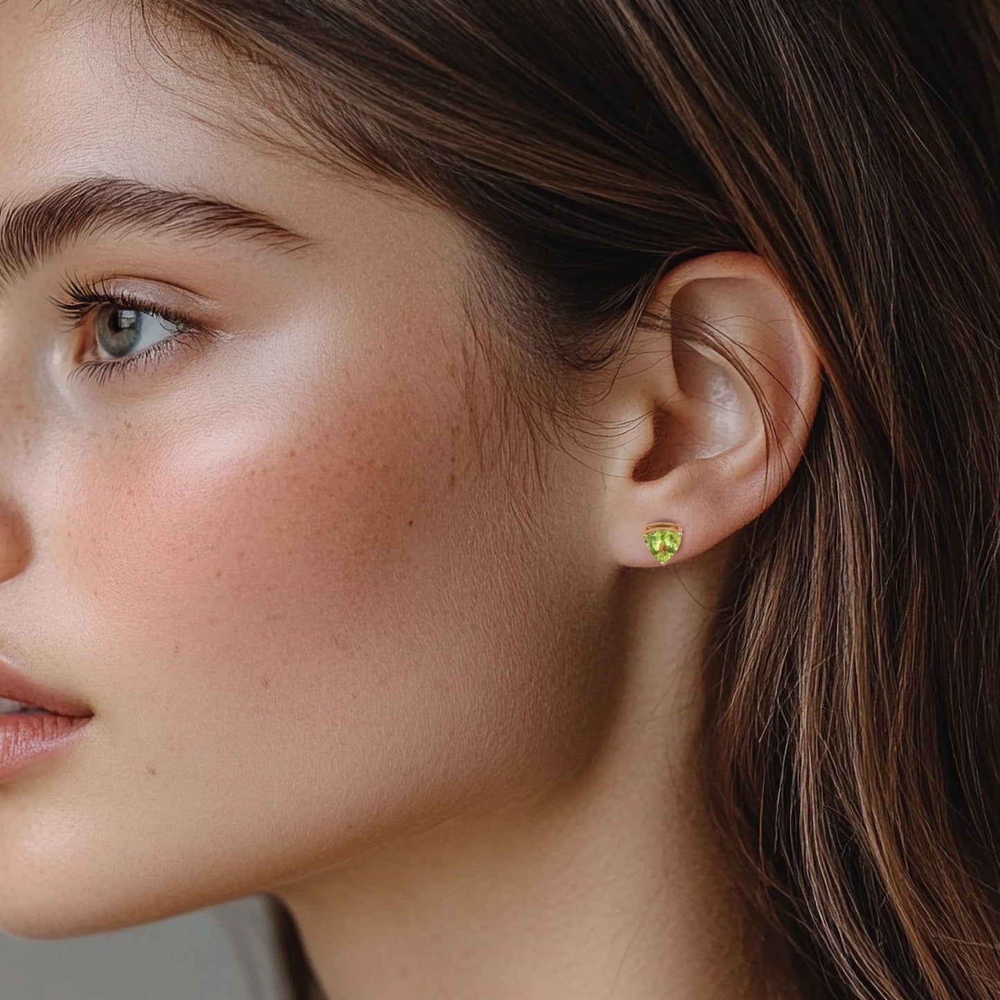 Playful Two 6MM Trillion Cut Peridot Solitaire Earrings Studs in Sterling Silver Yellow Gold Plated Basket Set Clear Rubber Backs