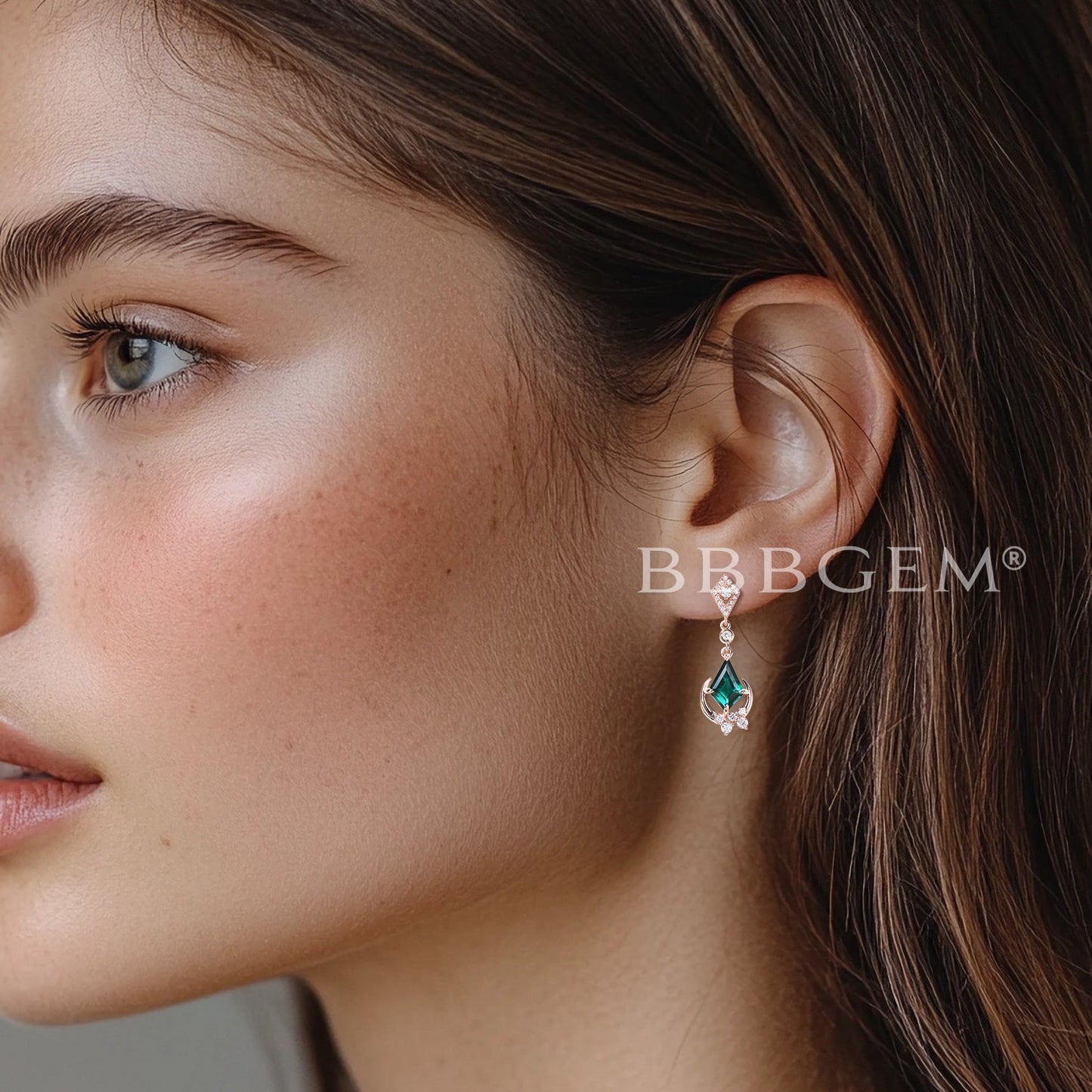 1CT Kite Cut Emerald Drop Earrings Diamond Cluster Moon Rose Gold Earrings