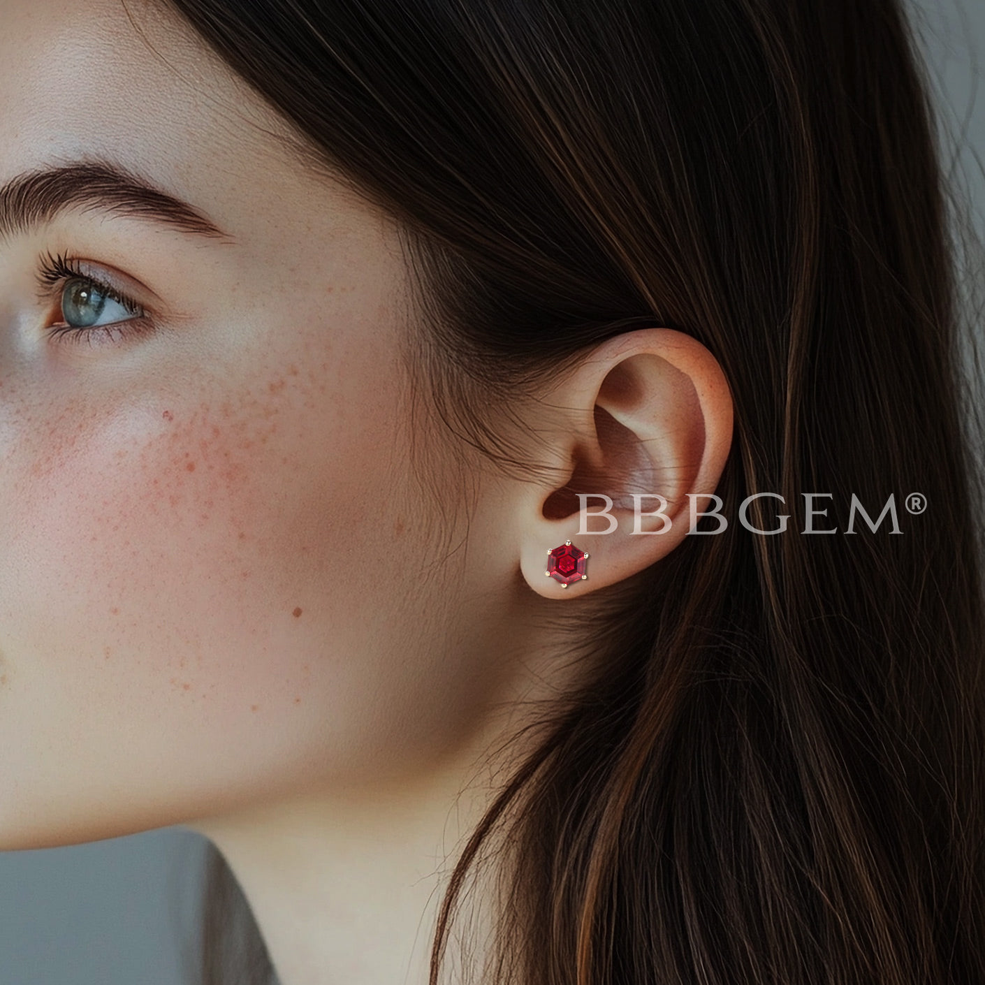 1CT Hexagon Cut Ruby Stud Earrings Yellow Gold Solitaire Wedding Earrings