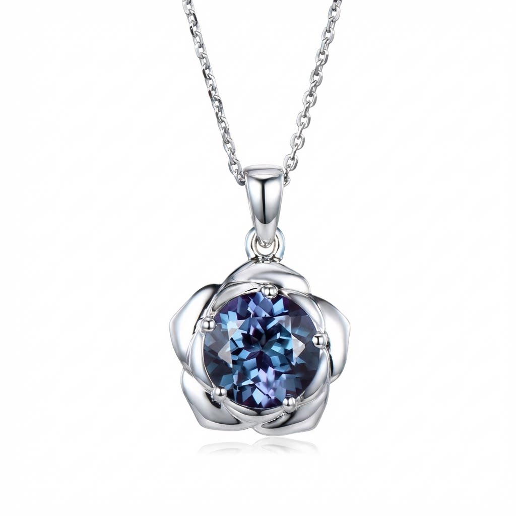 2ct Round Cut Alexandrite Necklace 14k Gold Unique 5 Prong Floral Pendant, Anniversary Gift for Women