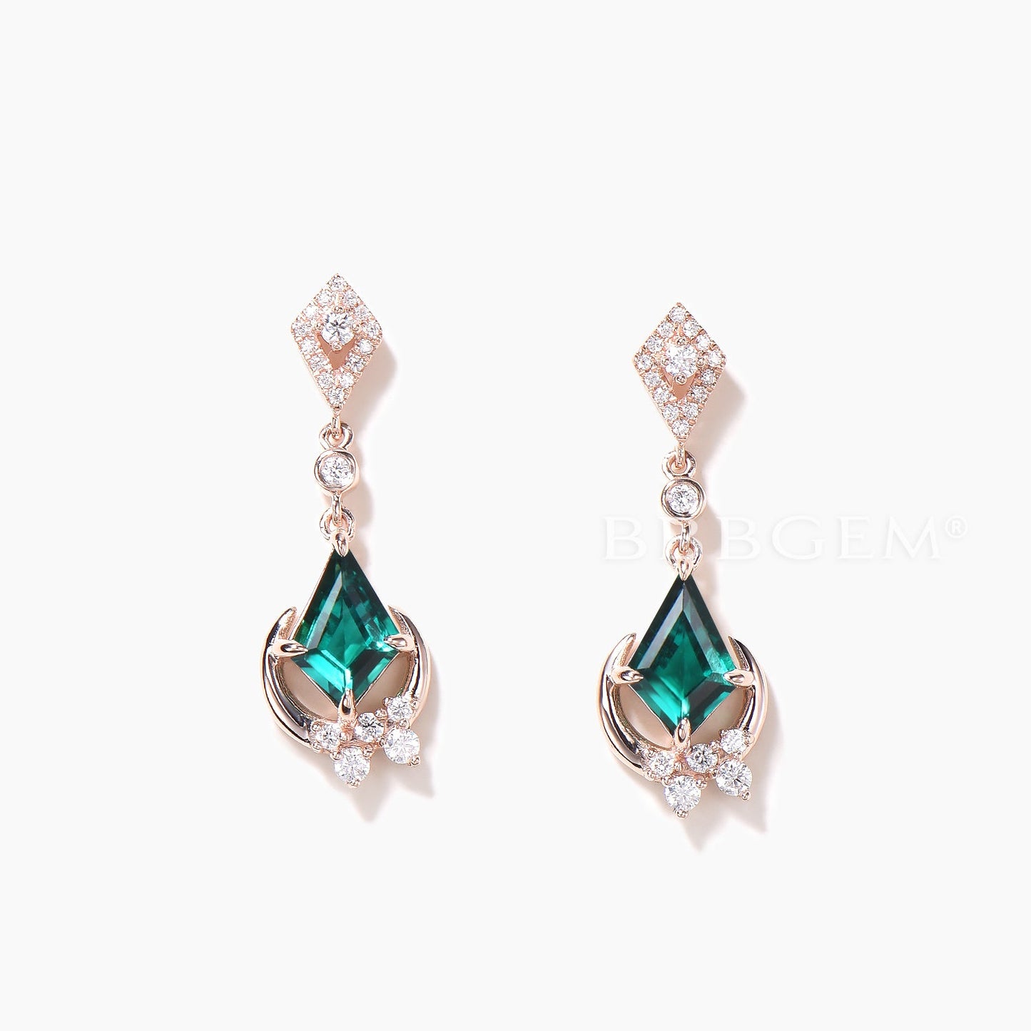 1CT Kite Cut Emerald Drop Earrings Diamond Cluster Moon Rose Gold Earrings