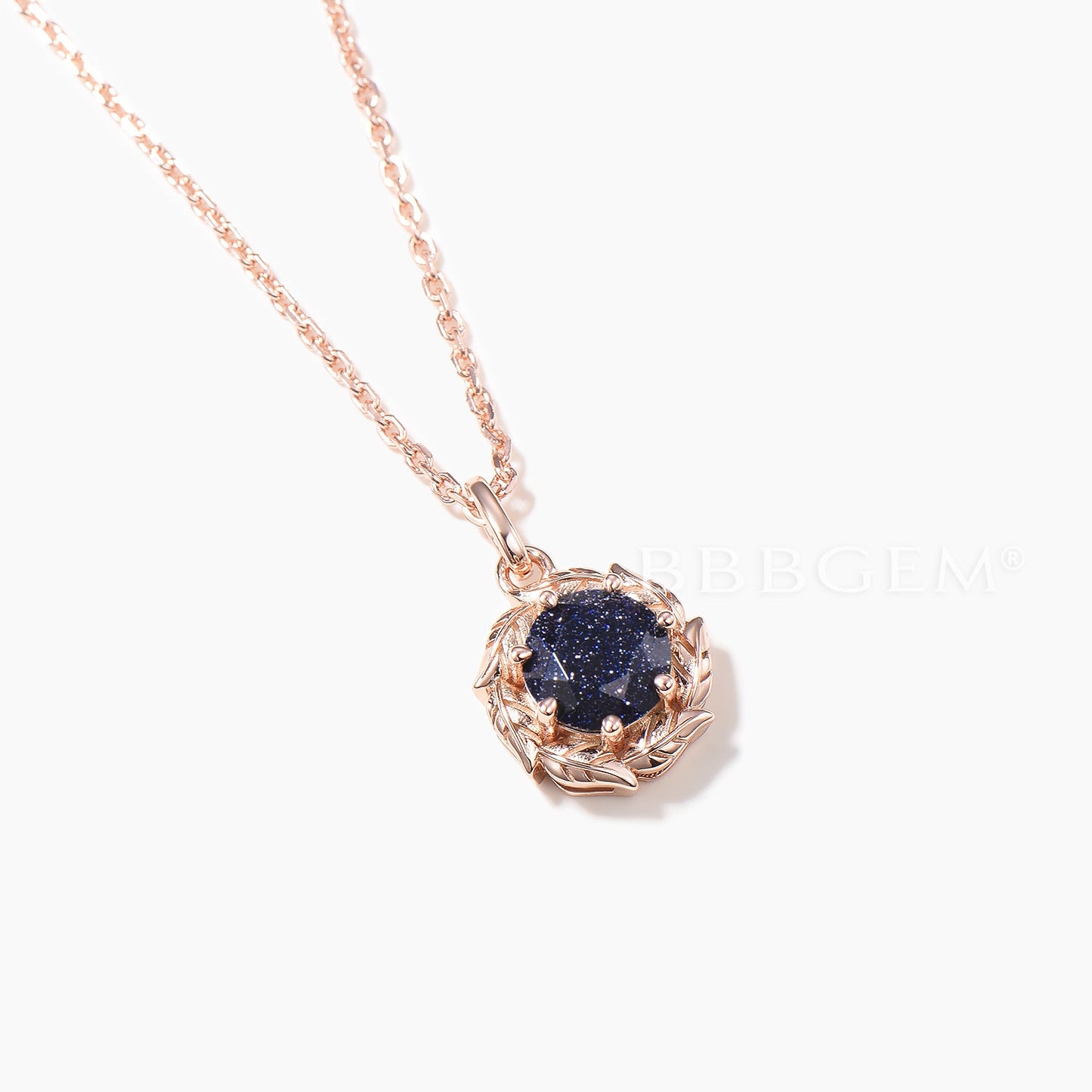 Round Cut Blue Sandstone Solitarie Pendant Leaf Halo Nature Inspired Necklace