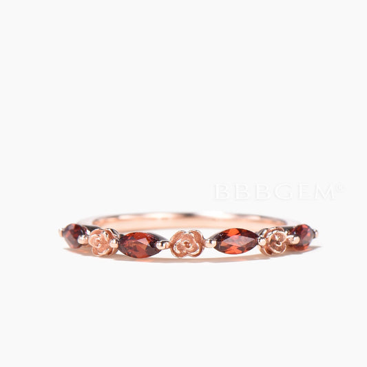 Marquise Cut Natural Garnet Flower Half Eternity Rose Gold Wedding Ring