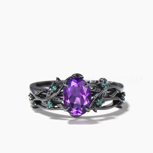 Oval Cut Natural Amethyst Engagement Ring Emerald Nature Inspired Bridal Set
