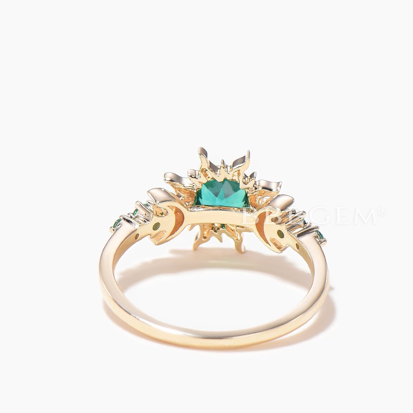 Round Cut Emerald Moon Engagement Ring Rapunzel Inspired Sun Celestial Ring