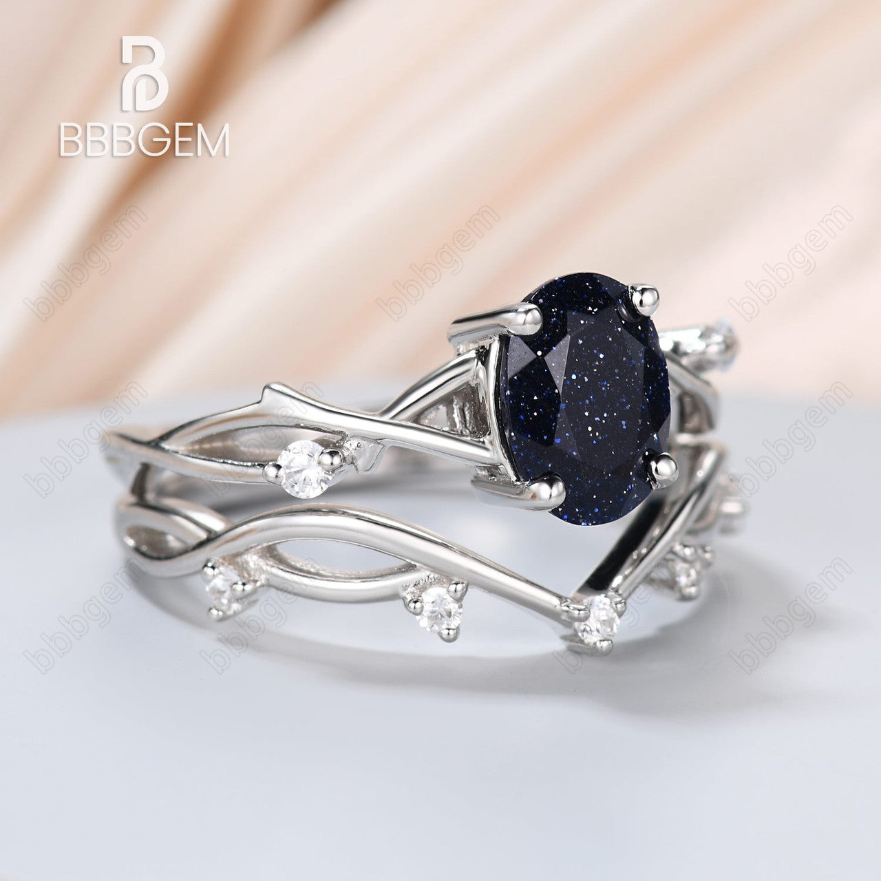 Solitaire Oval Blue Sandstone Engagement Ring Set Willow Twig Vine Blue Goldstone Diamond Ring 14K White Gold-BBBGEM Women Ring Set