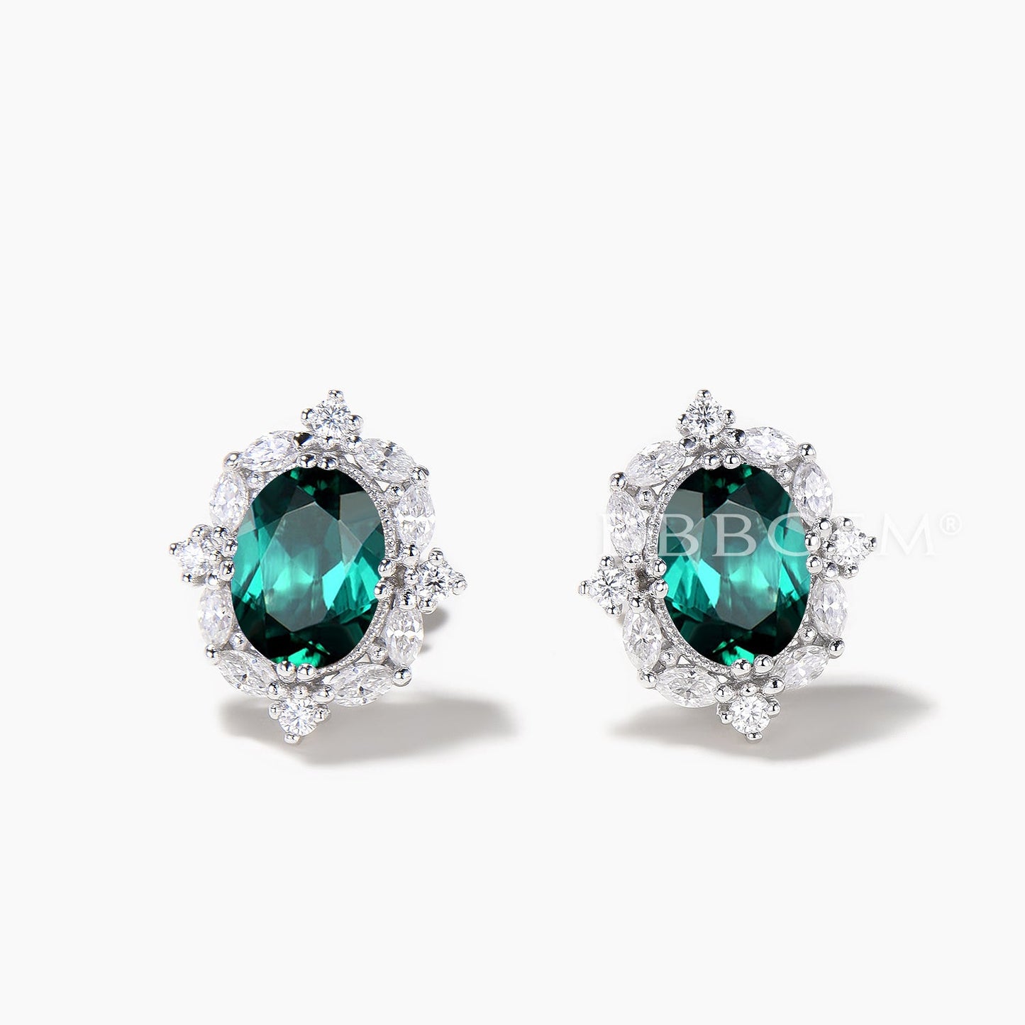 Oval Cut Emerald Stud Earrings Mixed Cut Moissanite Halo White Gold Earrings
