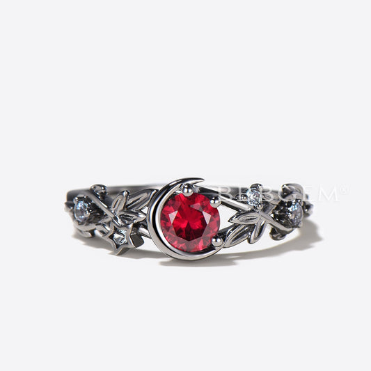 Round Ruby Alerxandrite Moon Gothic Black Leaf Branch Wedding Ring