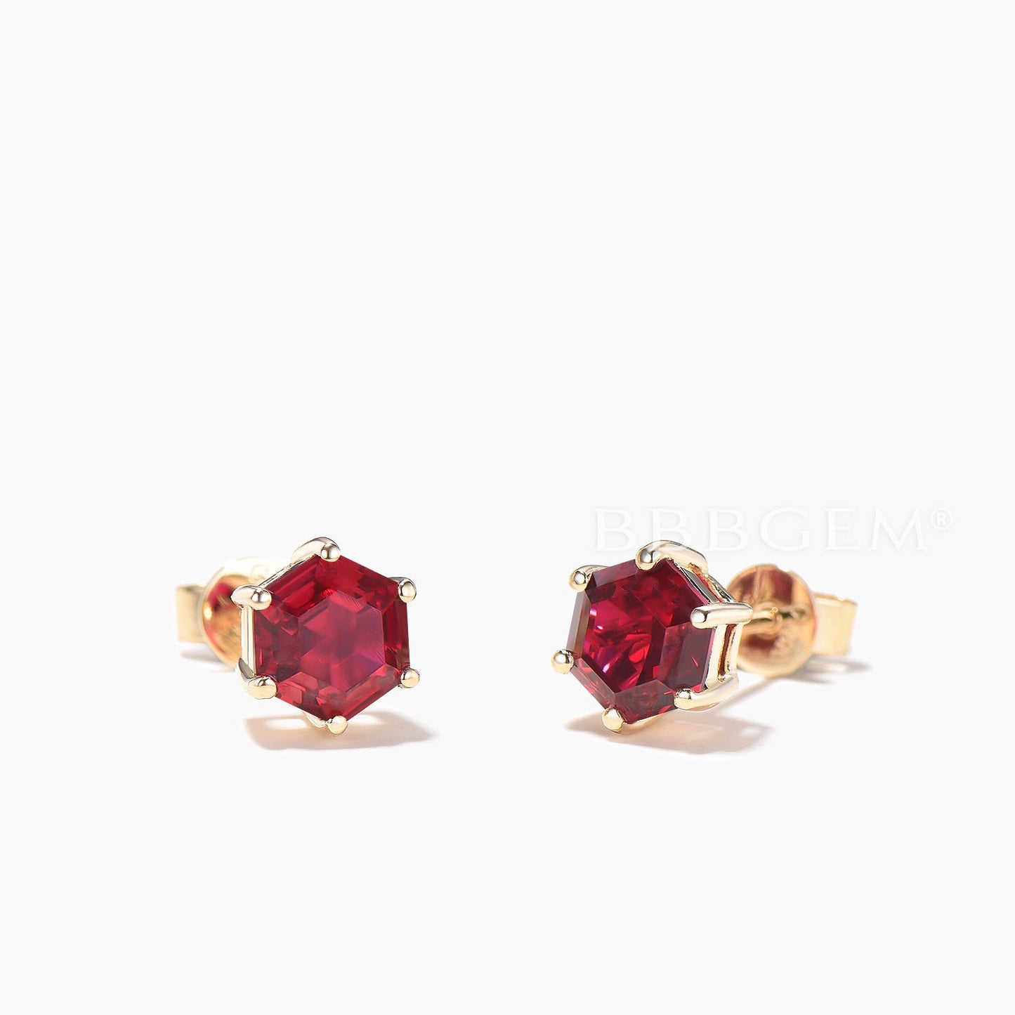 1CT Hexagon Cut Ruby Stud Earrings Yellow Gold Solitaire Wedding Earrings