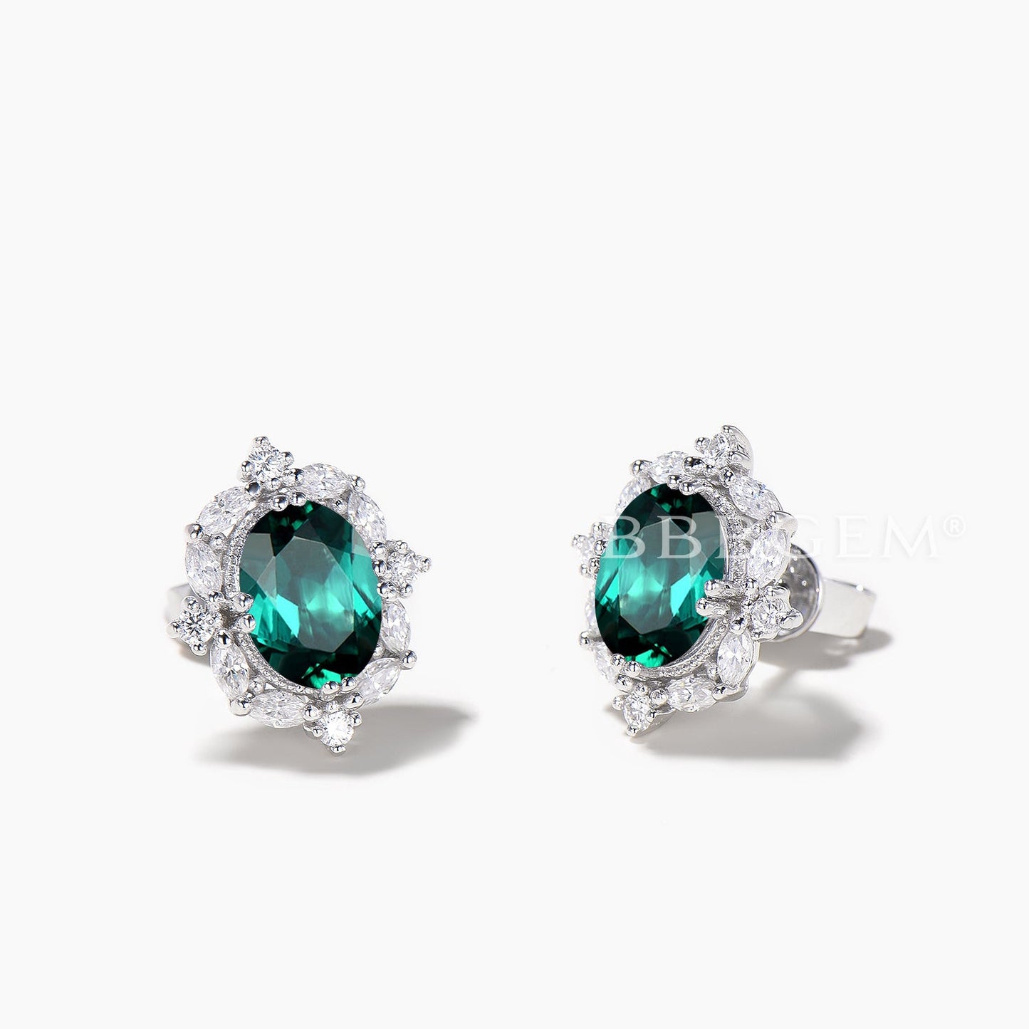 Oval Cut Emerald Stud Earrings Mixed Cut Moissanite Halo White Gold Earrings