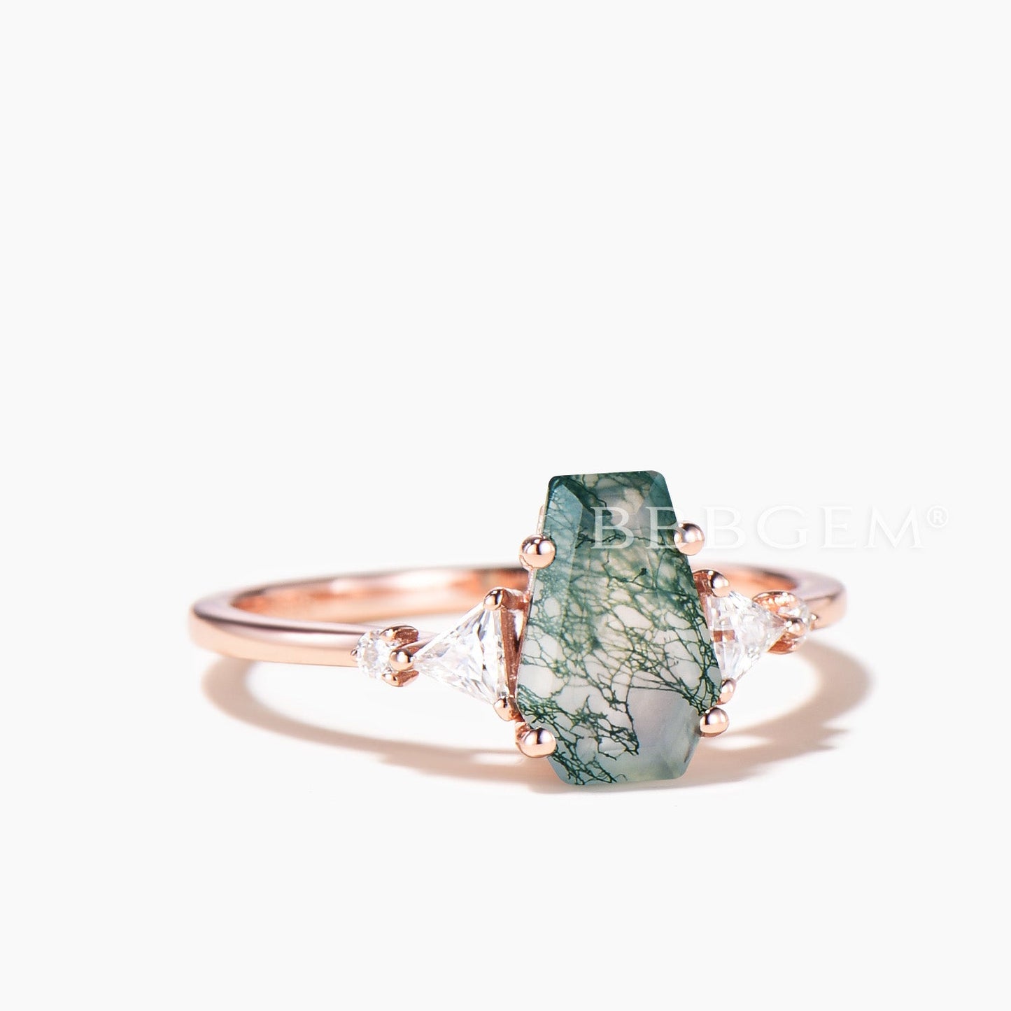 Coffin Cut Natural Moss Agate Engagement Ring Trillion Moissanite Cluster Ring