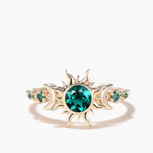 Round Cut Emerald Moon Engagement Ring Rapunzel Inspired Sun Celestial Ring