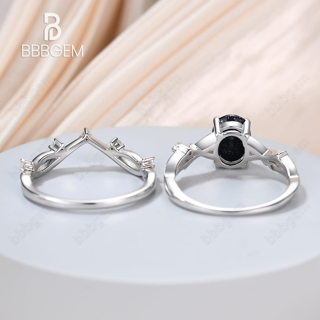 Solitaire Oval Blue Sandstone Engagement Ring Set Willow Twig Vine Blue Goldstone Diamond Ring 14K White Gold-BBBGEM Women Ring Set