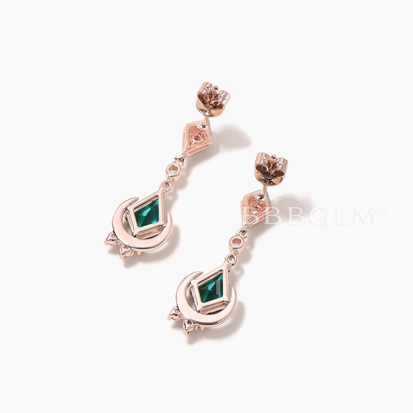 1CT Kite Cut Emerald Drop Earrings Diamond Cluster Moon Rose Gold Earrings
