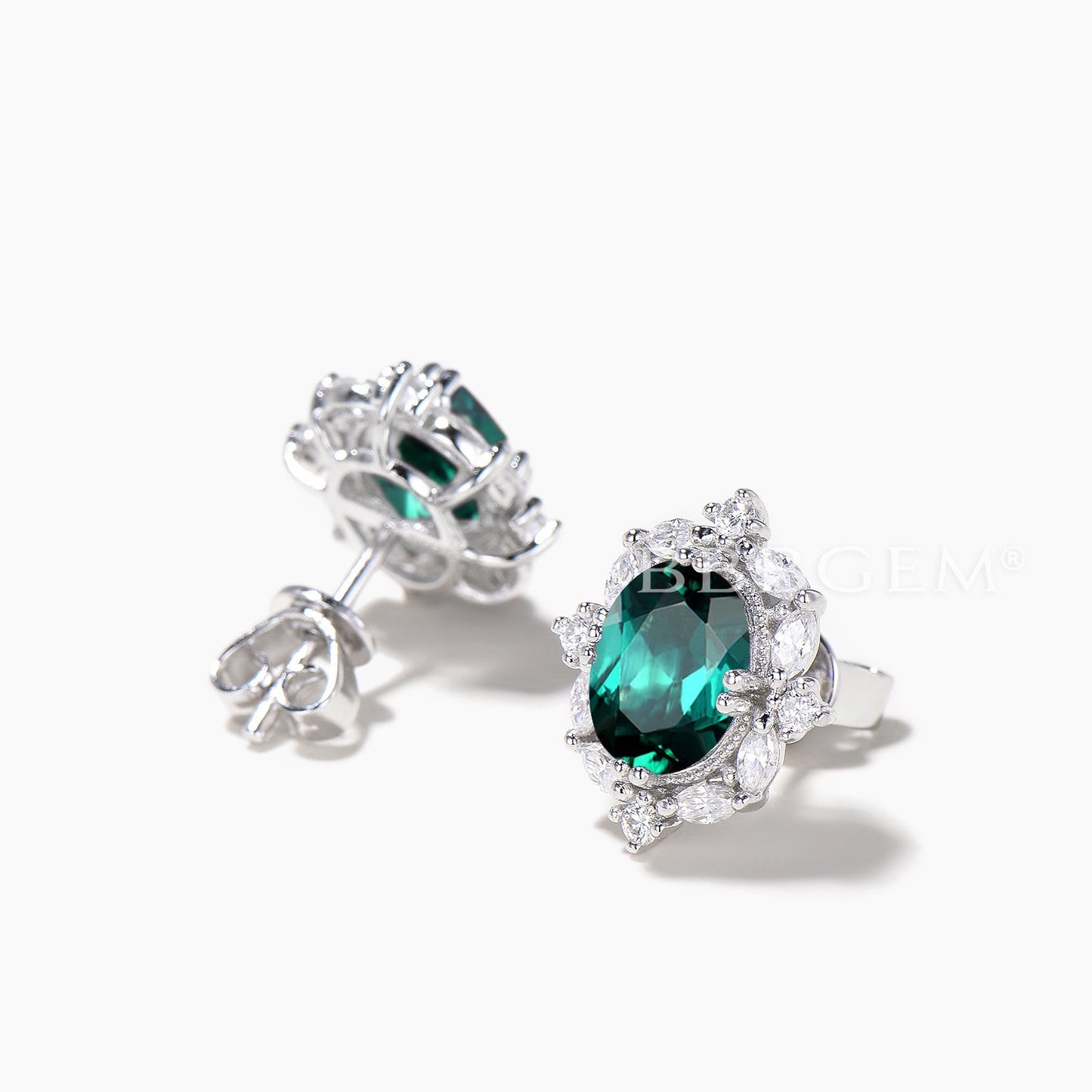 Oval Cut Emerald Stud Earrings Mixed Cut Moissanite Halo White Gold Earrings