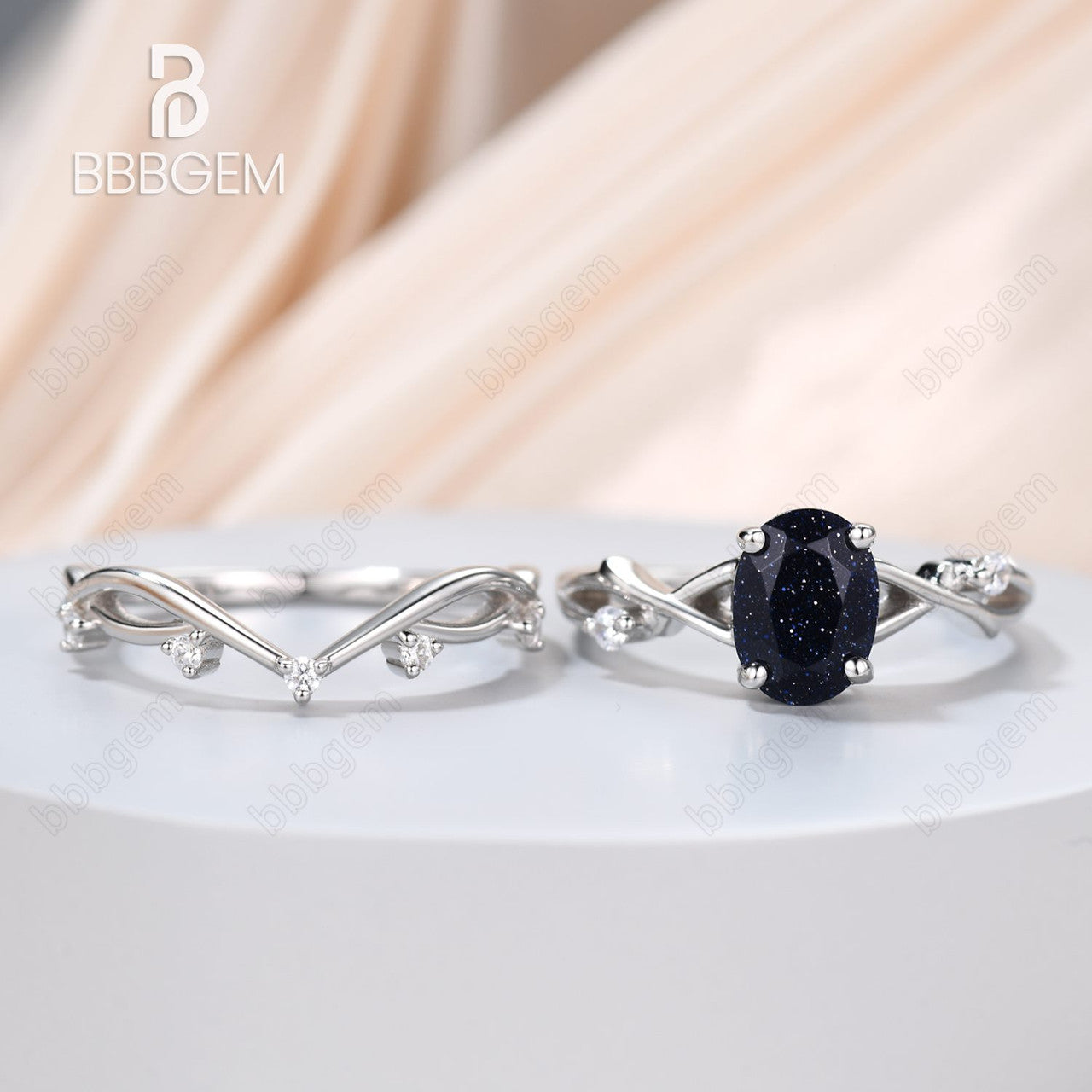 Solitaire Oval Blue Sandstone Engagement Ring Set Willow Twig Vine Blue Goldstone Diamond Ring 14K White Gold-BBBGEM Women Ring Set