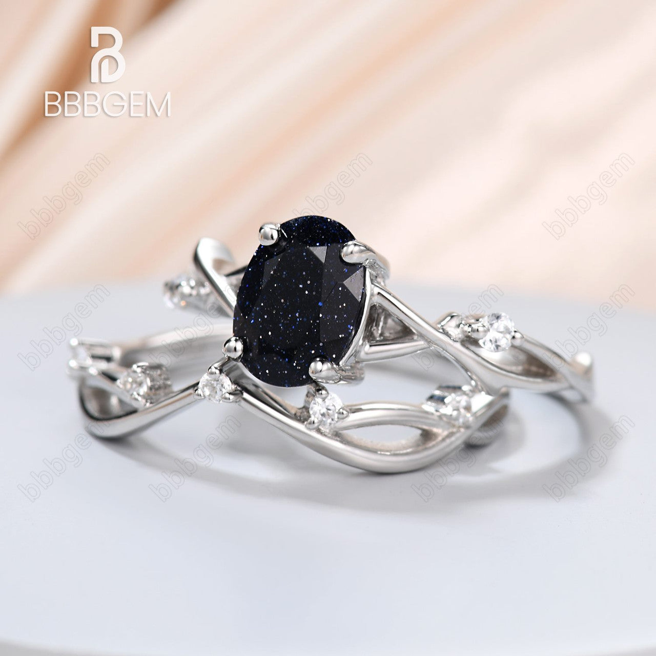Solitaire Oval Blue Sandstone Engagement Ring Set Willow Twig Vine Blue Goldstone Diamond Ring 14K White Gold-BBBGEM Women Ring Set