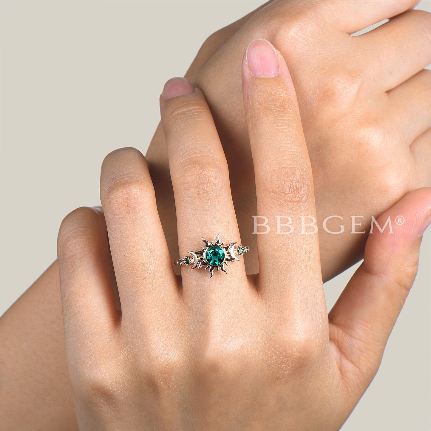 Round Cut Emerald Moon Engagement Ring Rapunzel Inspired Sun Celestial Ring