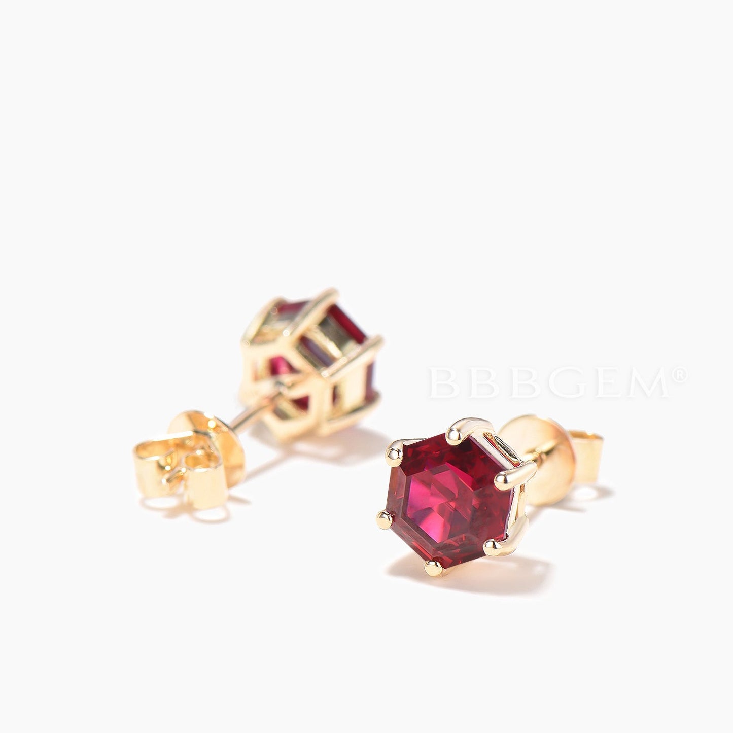 1CT Hexagon Cut Ruby Stud Earrings Yellow Gold Solitaire Wedding Earrings