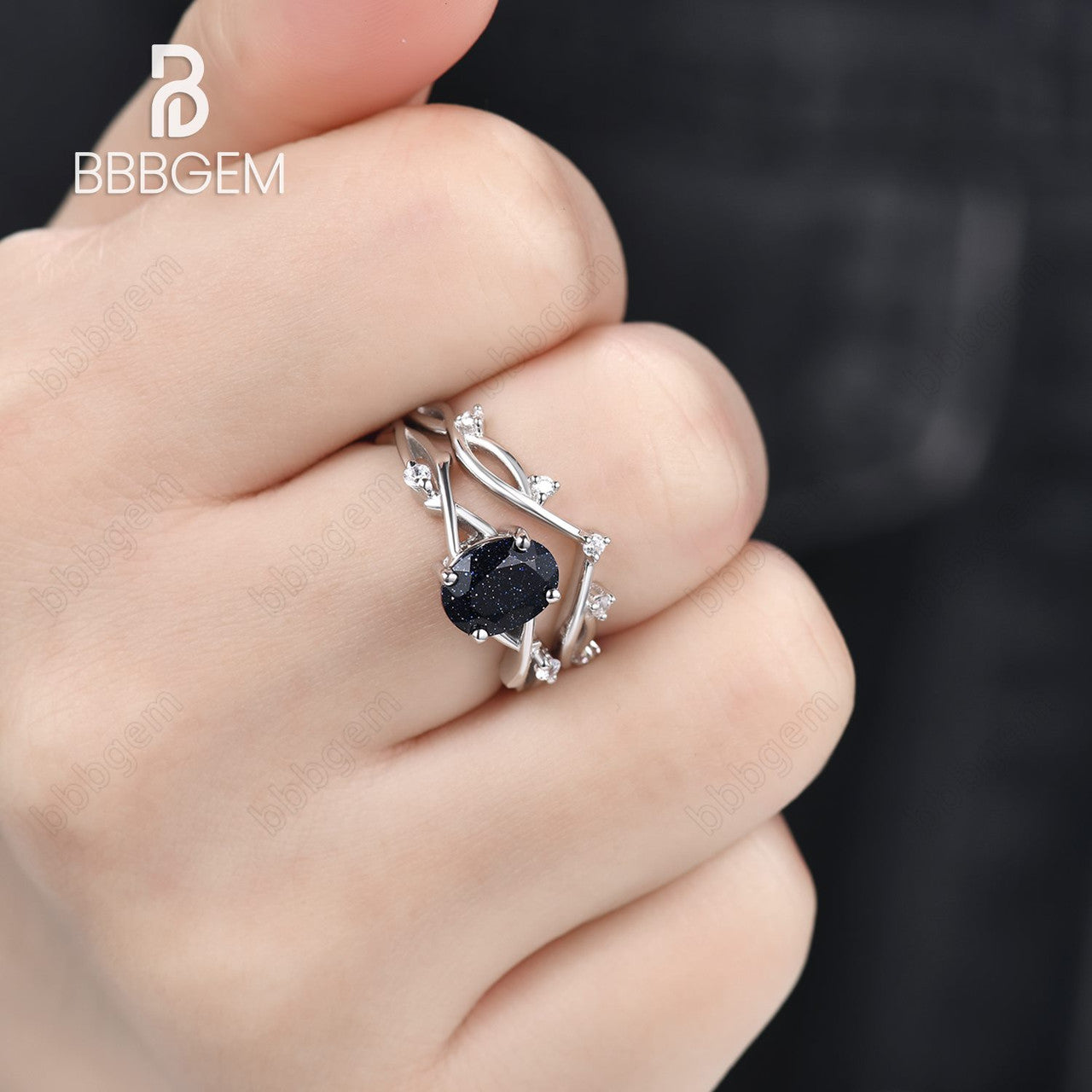 Solitaire Oval Blue Sandstone Engagement Ring Set Willow Twig Vine Blue Goldstone Diamond Ring 14K White Gold-BBBGEM Women Ring Set